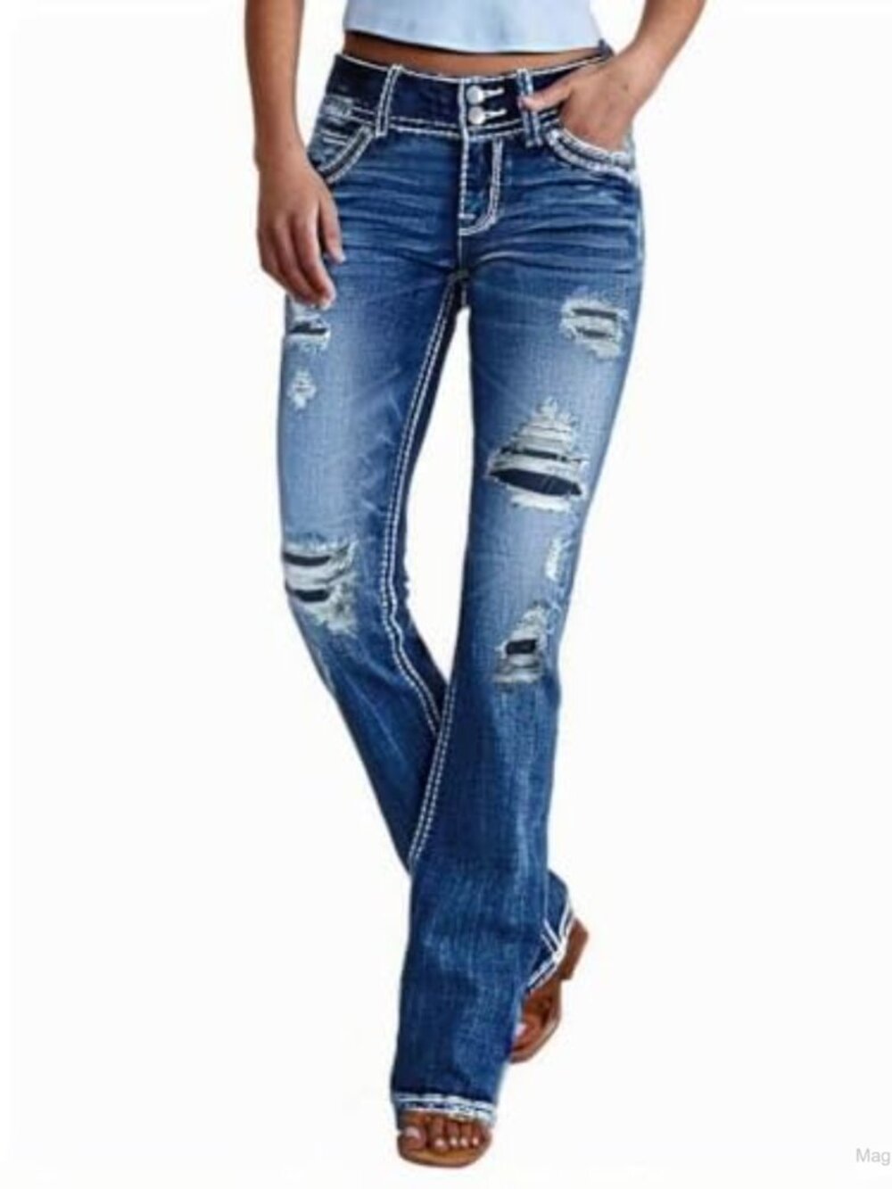 Women Stretch Distressed Ripped Flare Denim Bell Bottom Jeans Pants